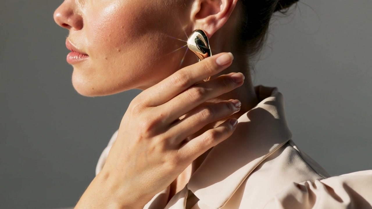 Alzando la mano destra, modella con una camicetta con colletto che sistema un orecchino d'oro in studio, catturando la luce