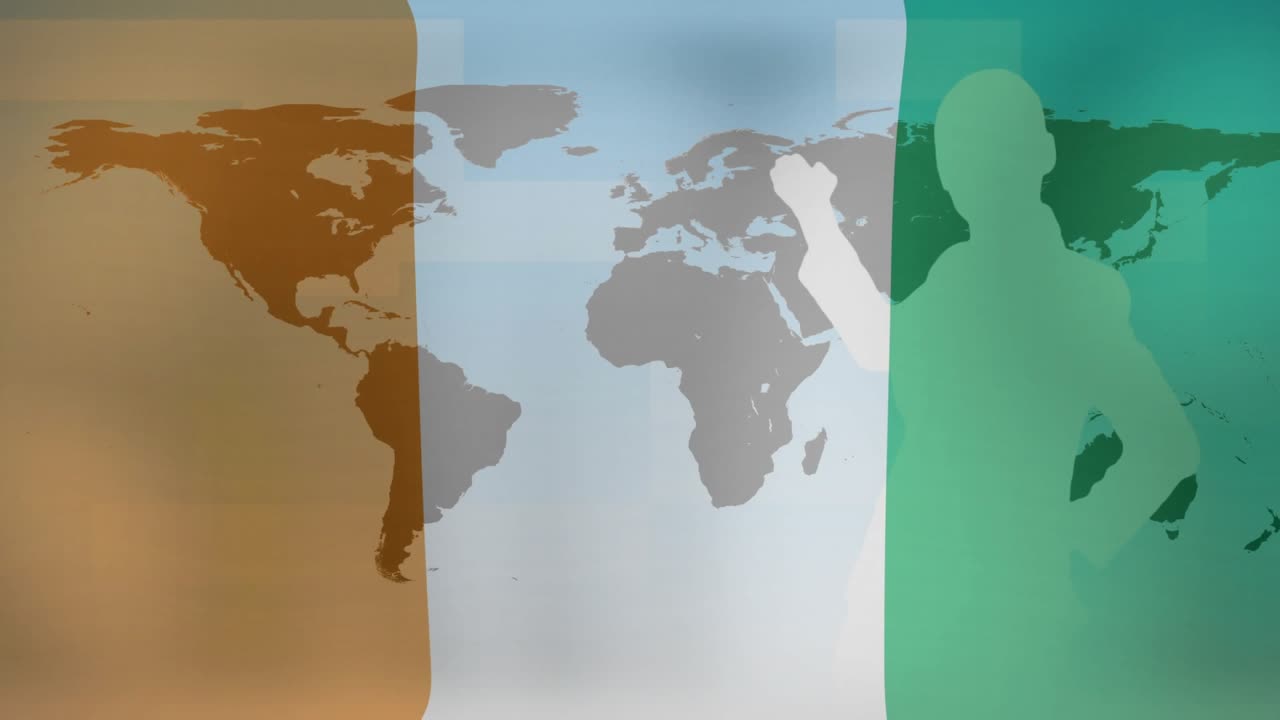 On play, center host pointing at world map while figures sliding, fading to focus global links