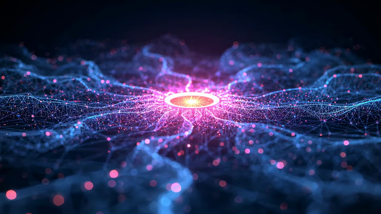 Pulsing glowing core sending bursts along filaments through dark data field, populating mesh