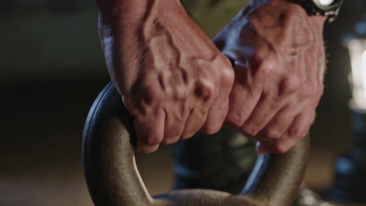 Gripping kettlebell handle, hands tightening grip bracing for lift at home with olive shirt weight