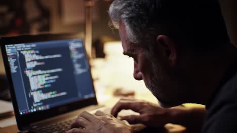focused programmer engaged in coding at night, working intently on laptop surrounded by dim lighting and computer code, emphasizing the art of software development