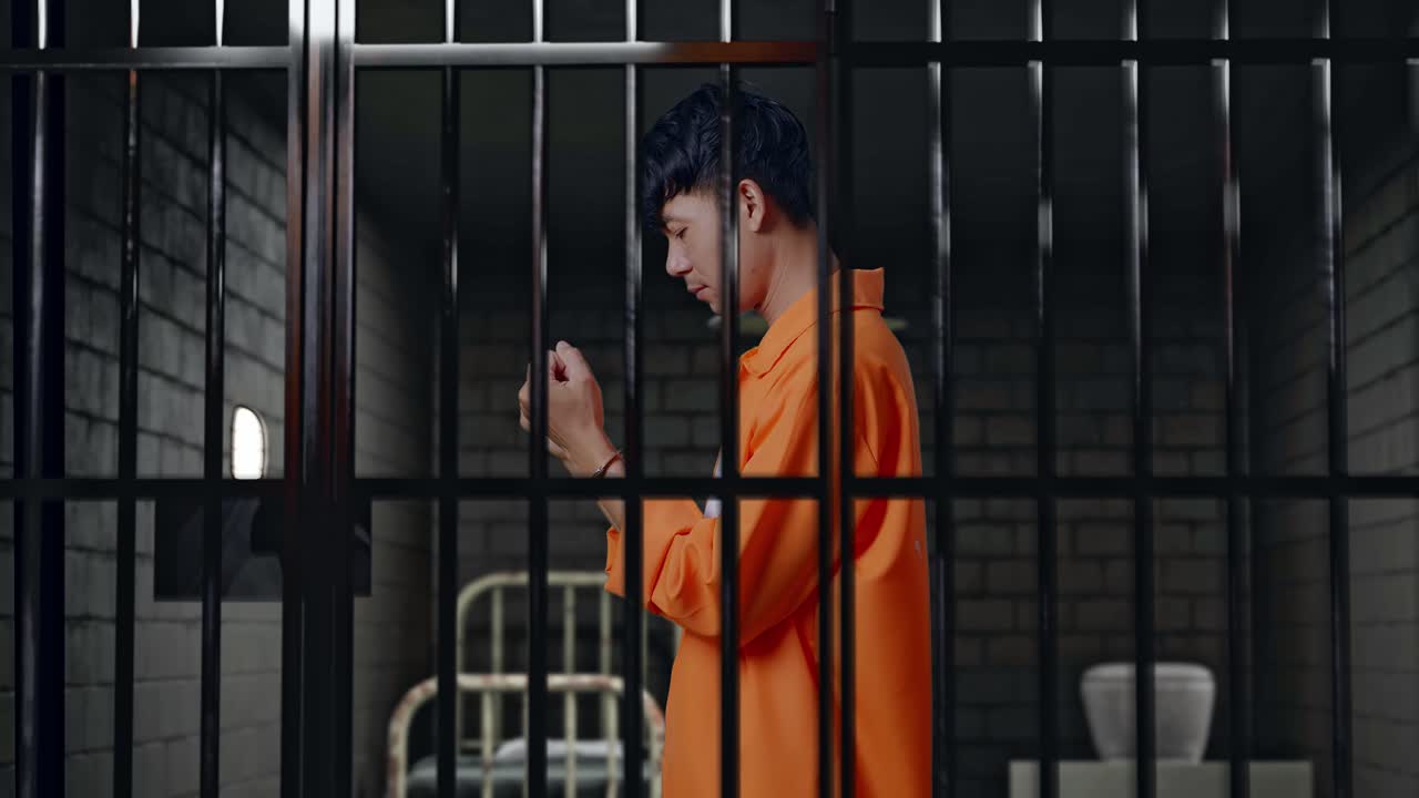 vista lateral de un prisionero masculino asiático de pie en la cárcel, mirando las esposas y sacudiendo la cabeza molesto por lo que hizo
