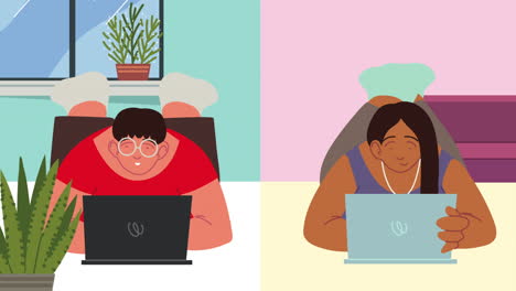 una pareja joven usando computadoras portátiles en el suelo.