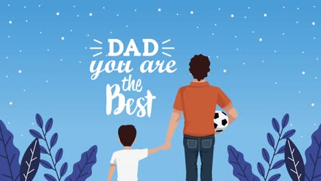 happy fathers day lettering card with dad and son playing soccer scene