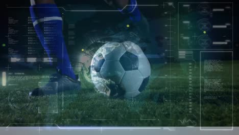 Animation-of-digital-data-processing-on-screen-over-football-player-kicking-ball