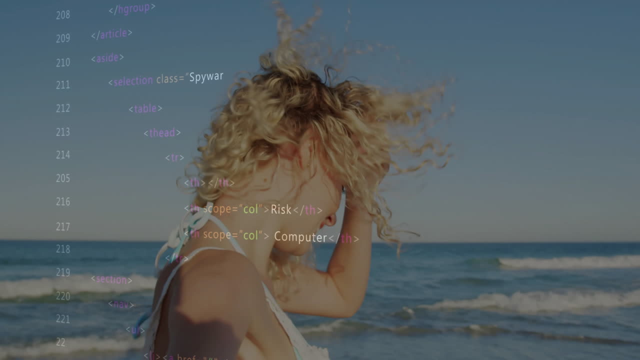 Curly-haired person on beach with HTML code overlaying animation scene