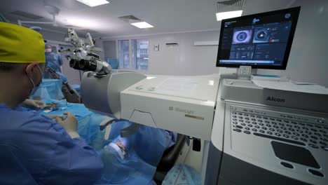 laser vision correction. a patient and team of surgeons in the operating room during ophthalmic surgery