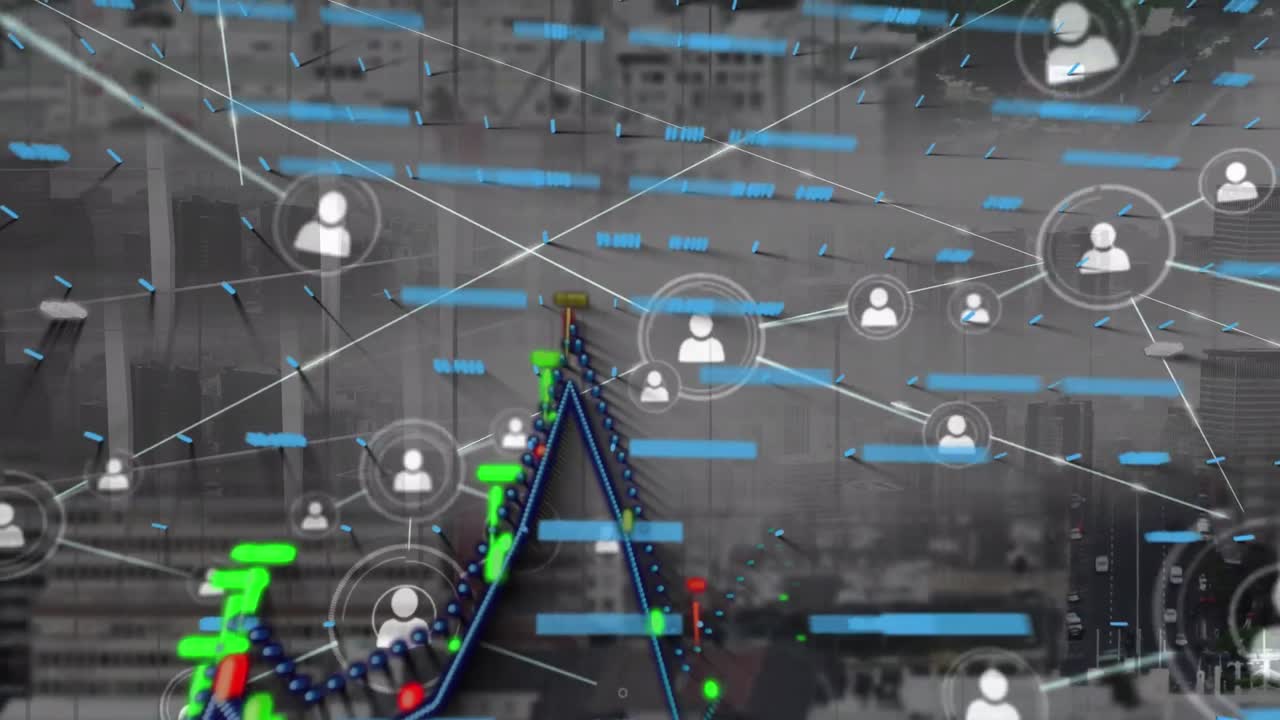 Animation of network of connections with icons and data processing over cityscape