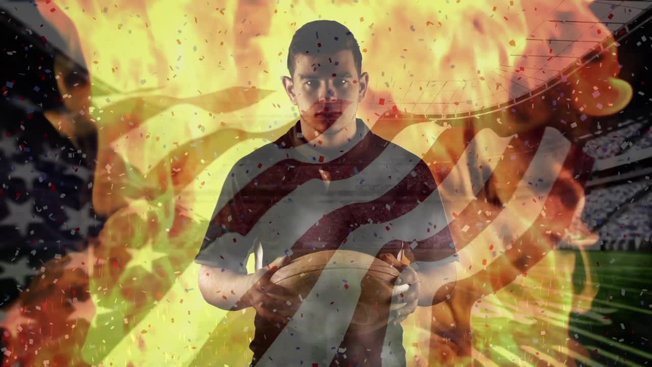 Animation of waving usa flag and falling confetti over american football player