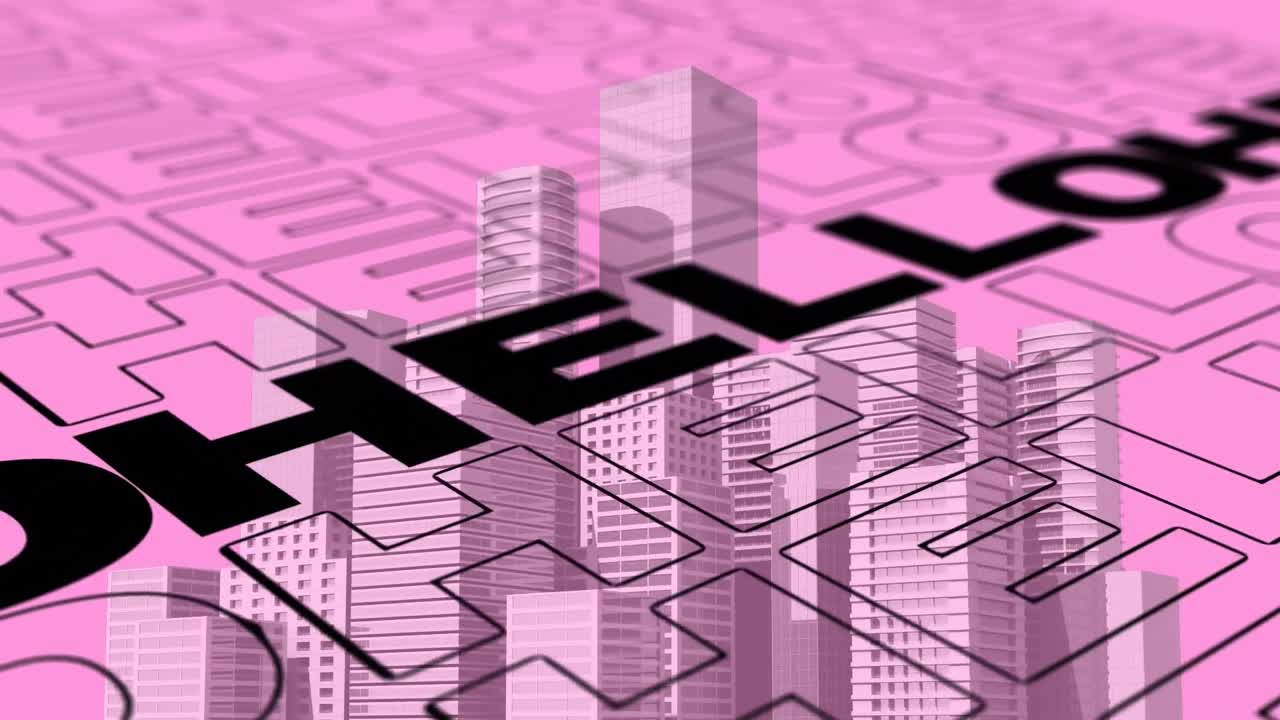 animación del texto de saludo sobre el paisaje urbano.