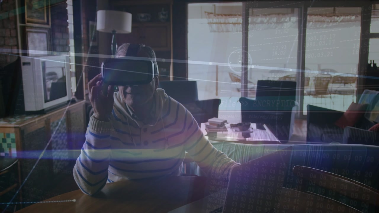 Senior man glancing laptop screen reaching VR headset entering VR UI exploring floating data points