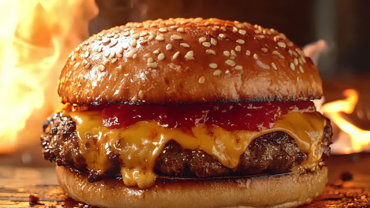 A burger with melted cheese and ketchup on it. The burger is on a wooden table with a fire in the background