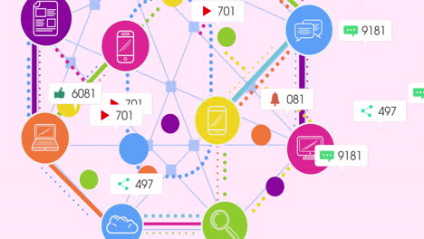animación de iconos de redes sociales y texto con conexiones en fondo rosa