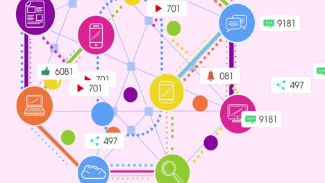 ソーシャルメディアのアイコンとテキストのアニメーション - ピンクの背景に接続