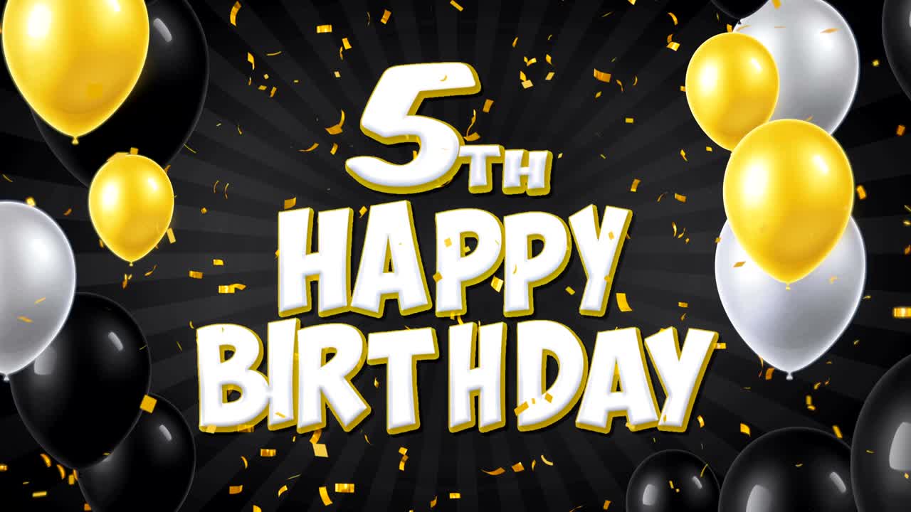 5o feliz cumpleaños texto negro con confeti dorado cayendo y partículas de brillo, coloridos globos voladores animación de bucle sin fisuras para el saludo de regalo, tarjeta de invitación, fiesta, celebración, festival.