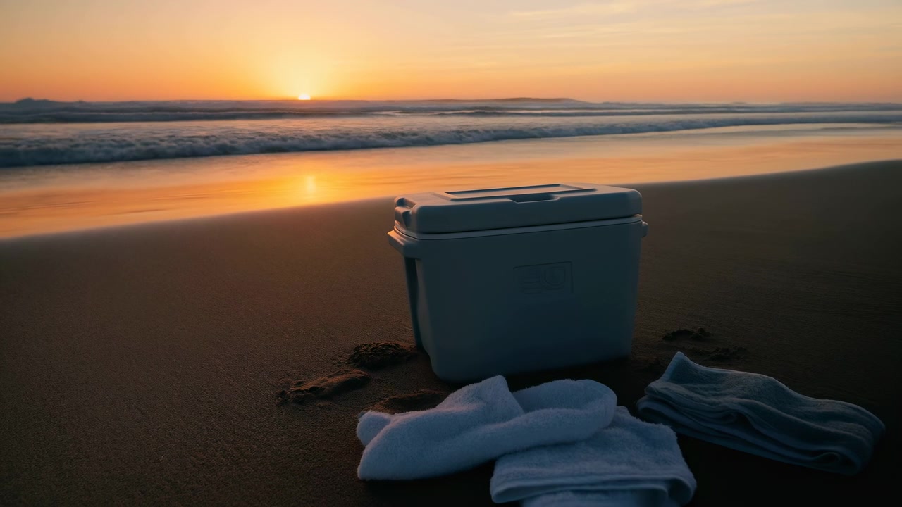 Low angle coastal scene showing plastic cooler and crumpled towels on wet sand beside reflective surf, with warm sunset backlight, soft foam, distant horizon, and tranquil summer atmosphere