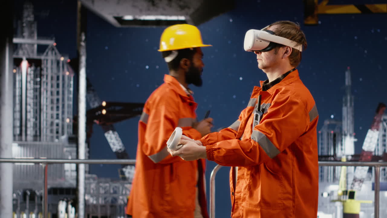 Industrial oil rig worker uses VR glasses to practice safety protocols
