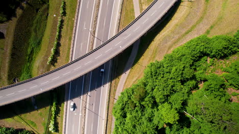 cars drive along multi-level transport interchange by green dense forest in gdynia, poland - aerial top down