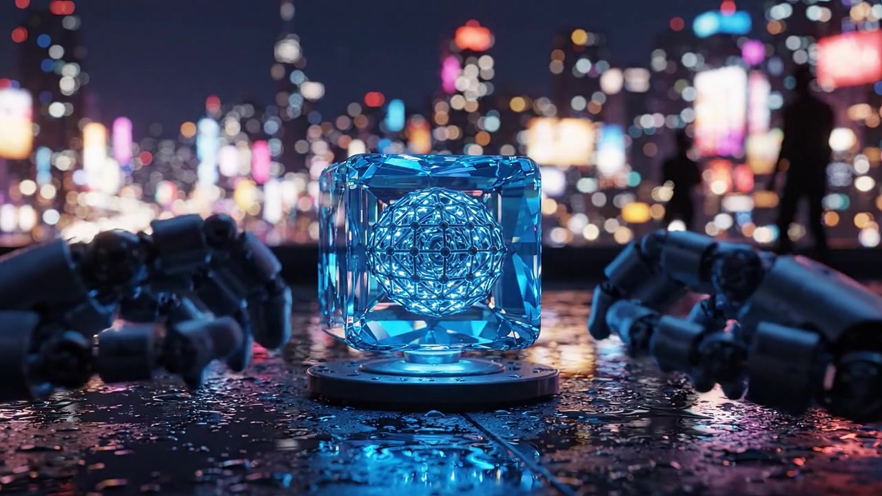 A futuristic scene showcasing robotic hands delicately interacting with a glowing, intricate cube against a vibrant cityscape backdrop at night.