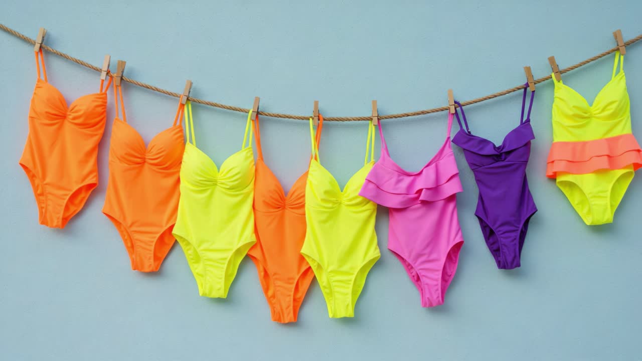 Vibrant Collection of Colorful Swimwear: Lively Neon Bikinis Hanging on a Clothesline Against a Soft Blue Background Showcasing Summer Fashion Trends