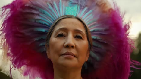 woman in colorful feather headpiece