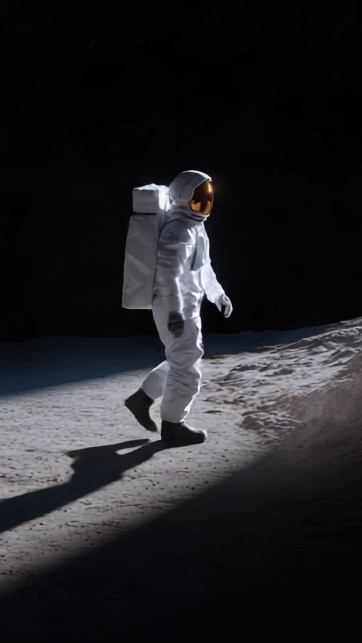 An astronaut navigates the desolate lunar landscape, showcasing the stark contrast of light and shadow on the moon's surface during an extraterrestrial exploration