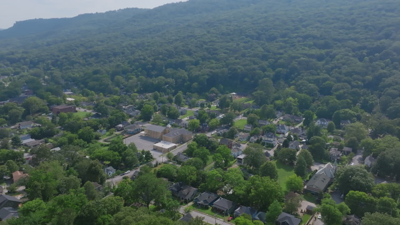 High altitude drone shot showing St. Elmo tucked beneath the sloping mountains of Chattanooga