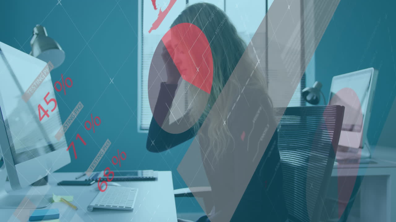 사무실에서 스트레스를 받는 백인 여성에 대한 통계 데이터 처리의 애니메이션