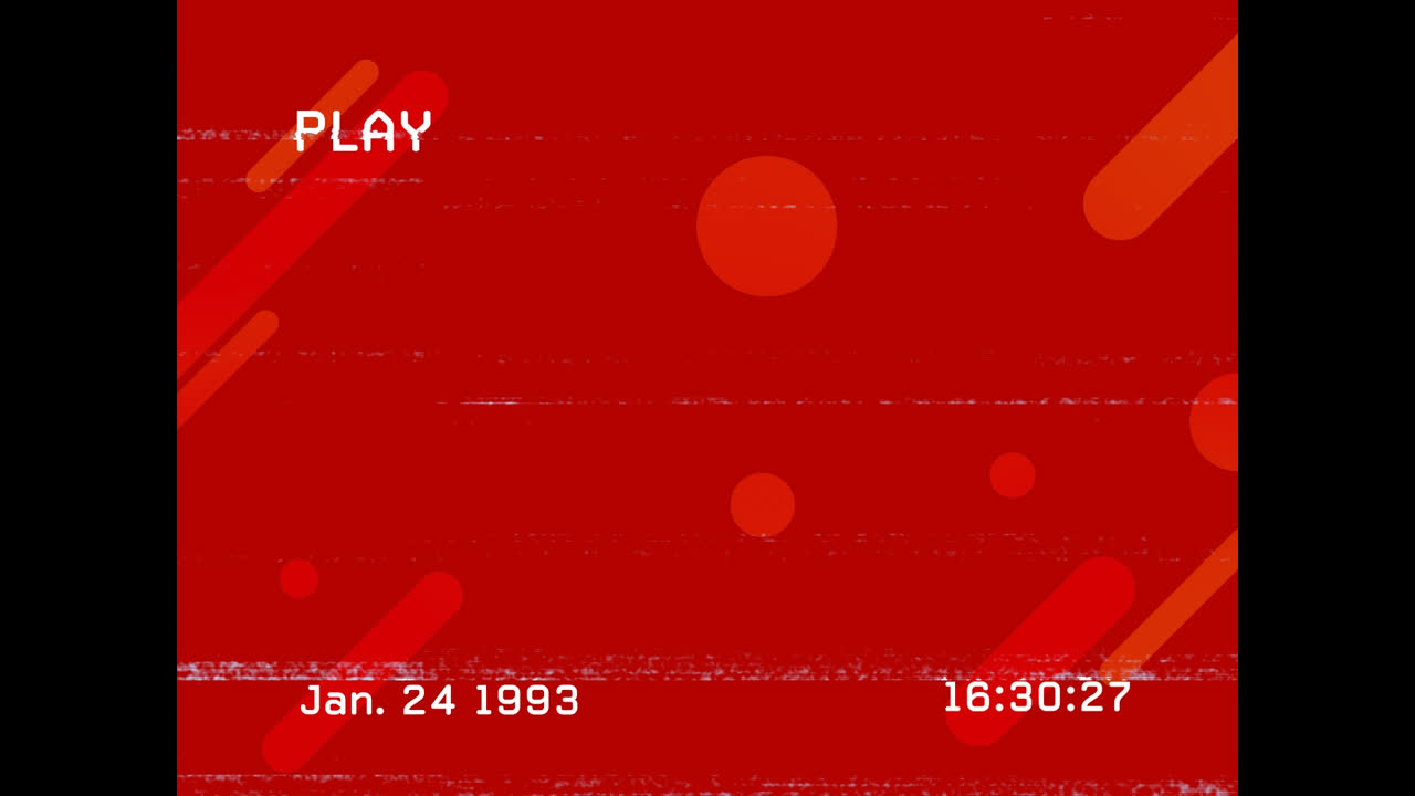 Animation of play interface on screen with glitch and shapes on red background