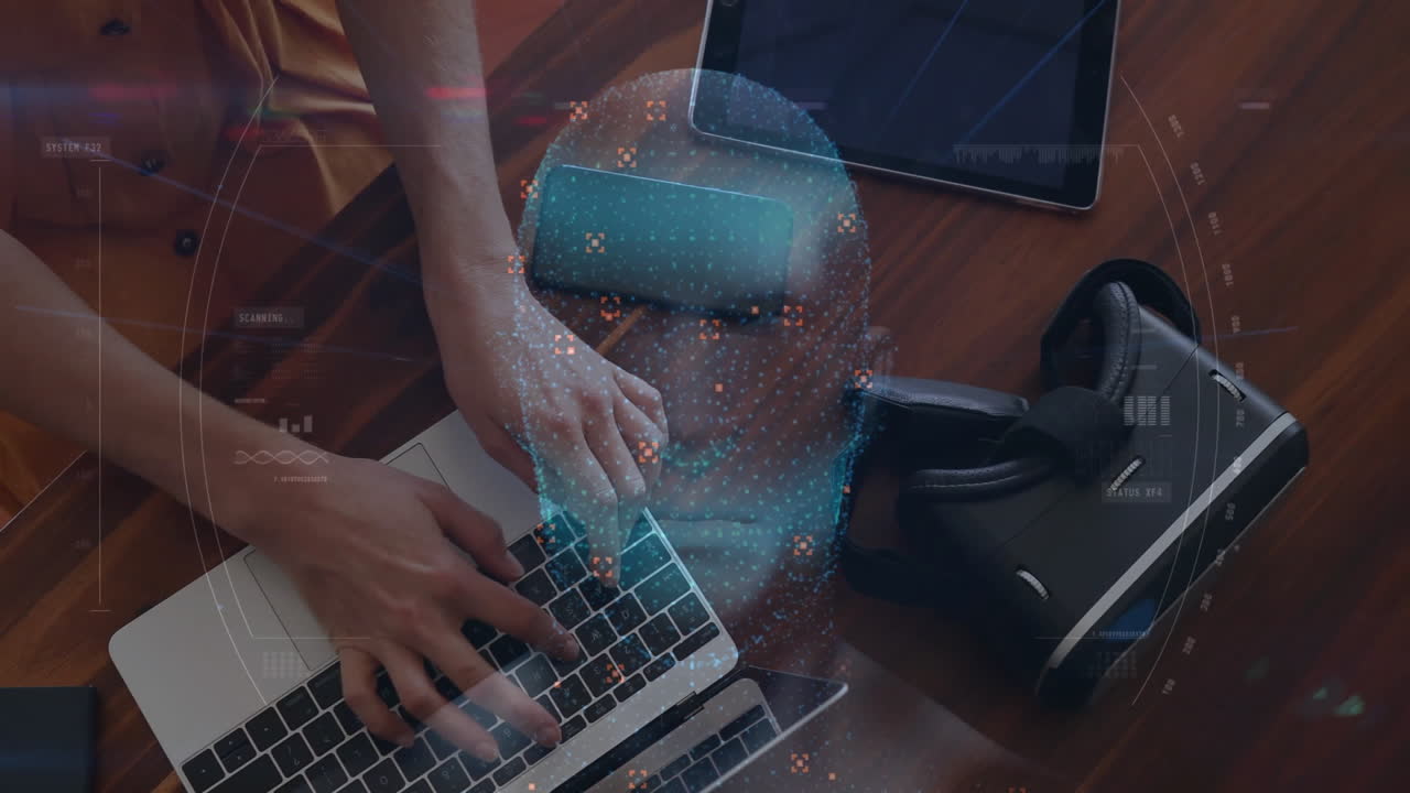 woman typing on laptop at tech desk, overlaying digital facial scanning mesh with vr headset nearby