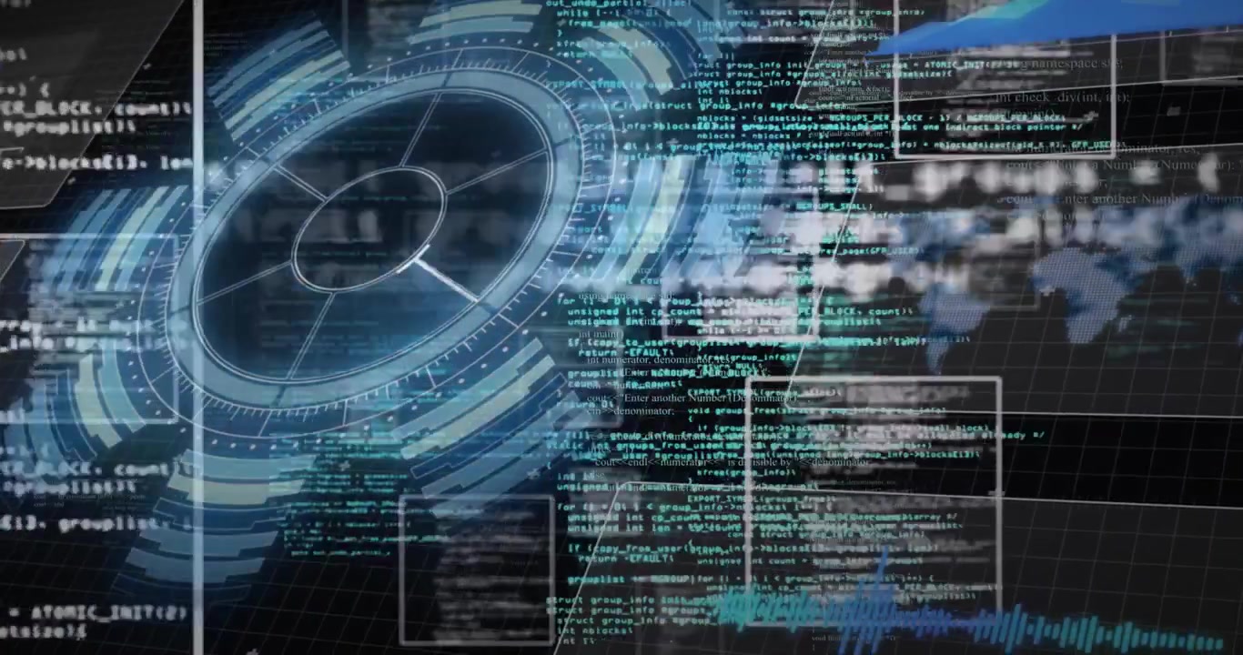 Grid interface opening code scrolling while circular dashboard rotating pulsing showing live feed