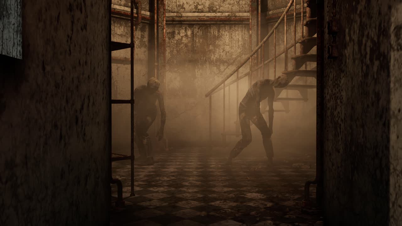 a dystopian destroyed ruined interior, with debris and zombies standing idle breathing, 3D animation, animated scene, camera zoom in
