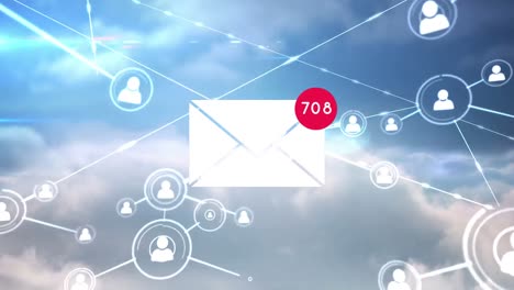 animation of email over connections and cloudy sky