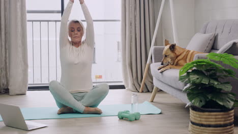 Woman-watching-meditation-class-on-laptop