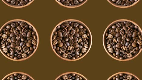 fondo marrón con granos de café tostados en cuencos. fondo de concepto de animación de comida sin costuras