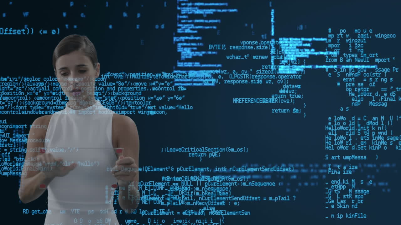 animación del procesamiento de datos sobre una pantalla interactiva táctil de una mujer de negocios