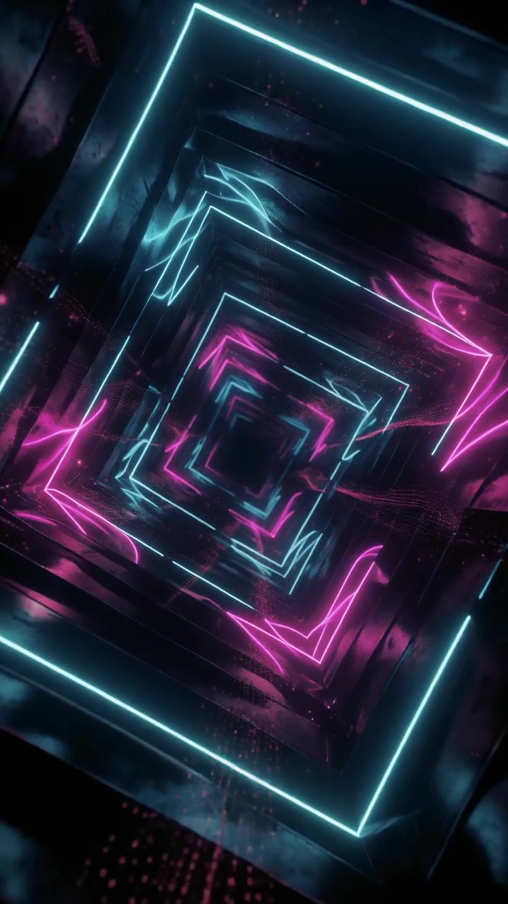 Tunnel al Neon Astratto con Quadrati Geometrici Luminosi
