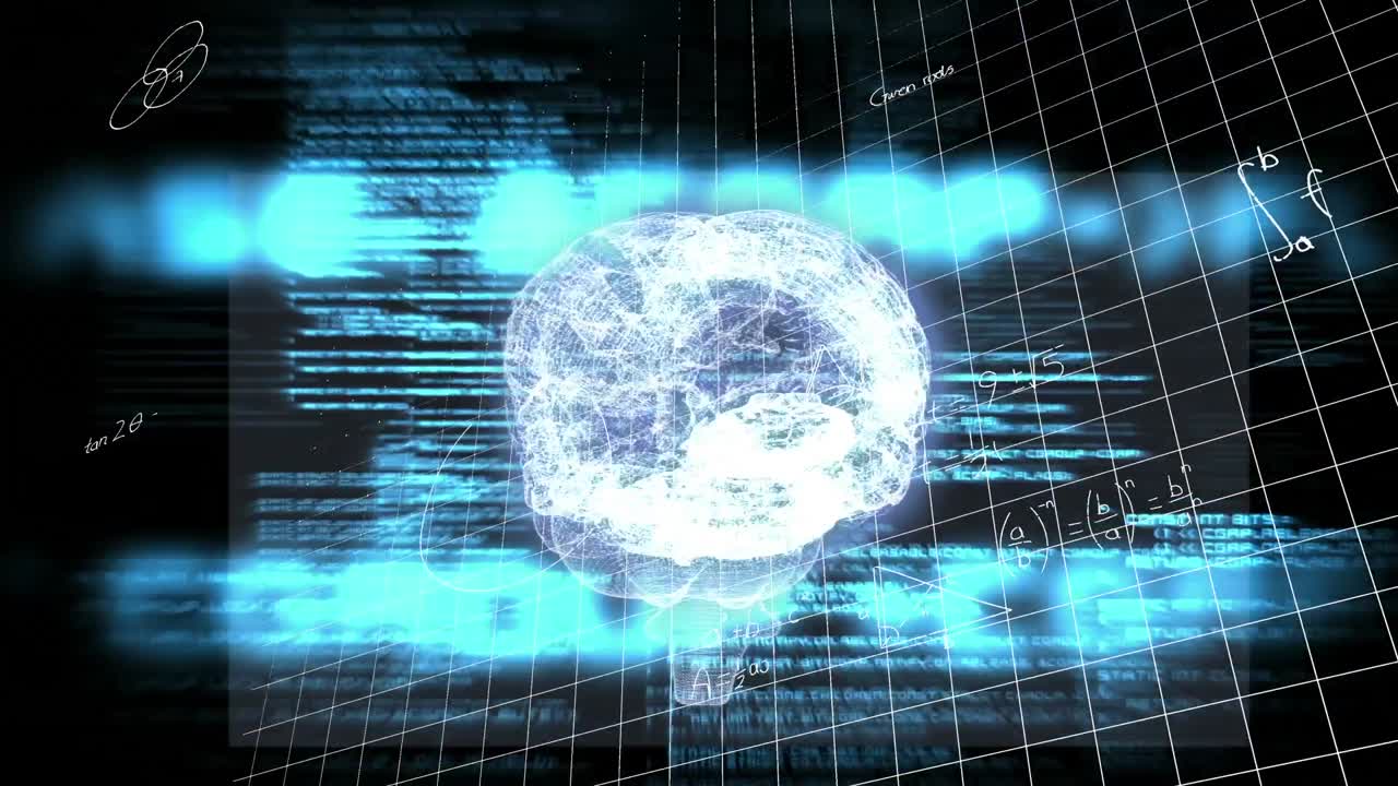 Animation of mathematical equations and diagrams over digital brain against computer language