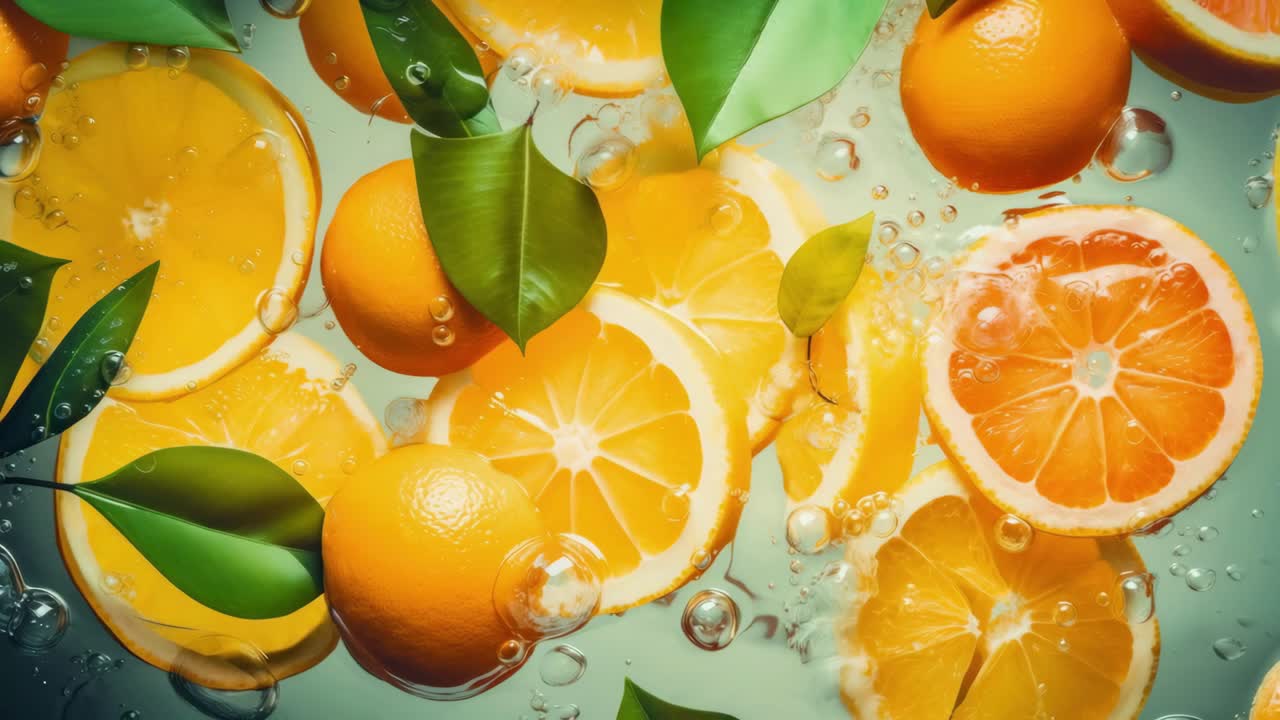 Vibrant video still of citrus slices and leaves submerged in water