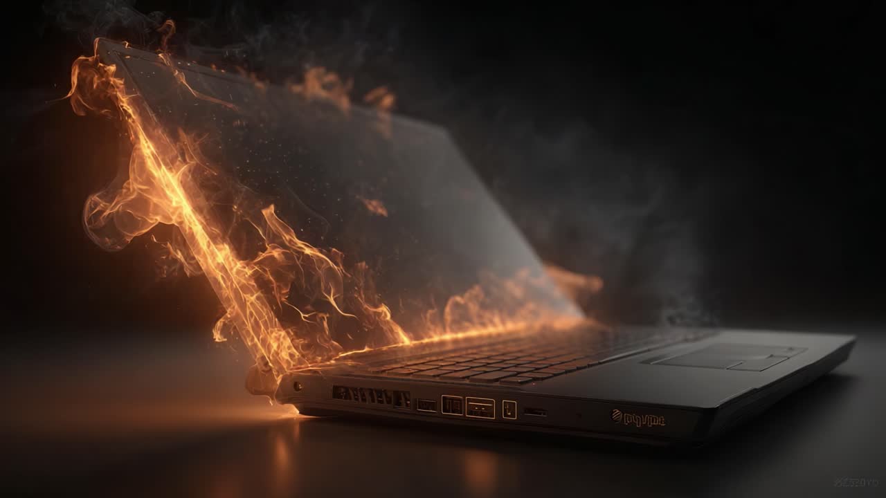A Dramatic Depiction of a Laptop Igniting in Flames, Representing the Concept of Overheating and Technology Gone Wrong in a Visually Striking Style