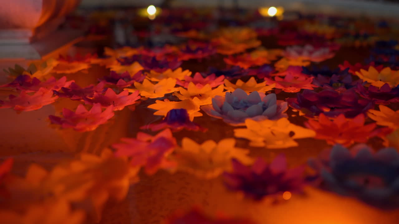 수영장에서 떠다니는 꽃과 불, 불교 사원에서 찍은 비디오