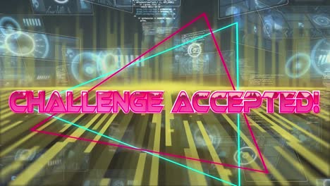 animation of challenge accepted in digital abstract space with screens