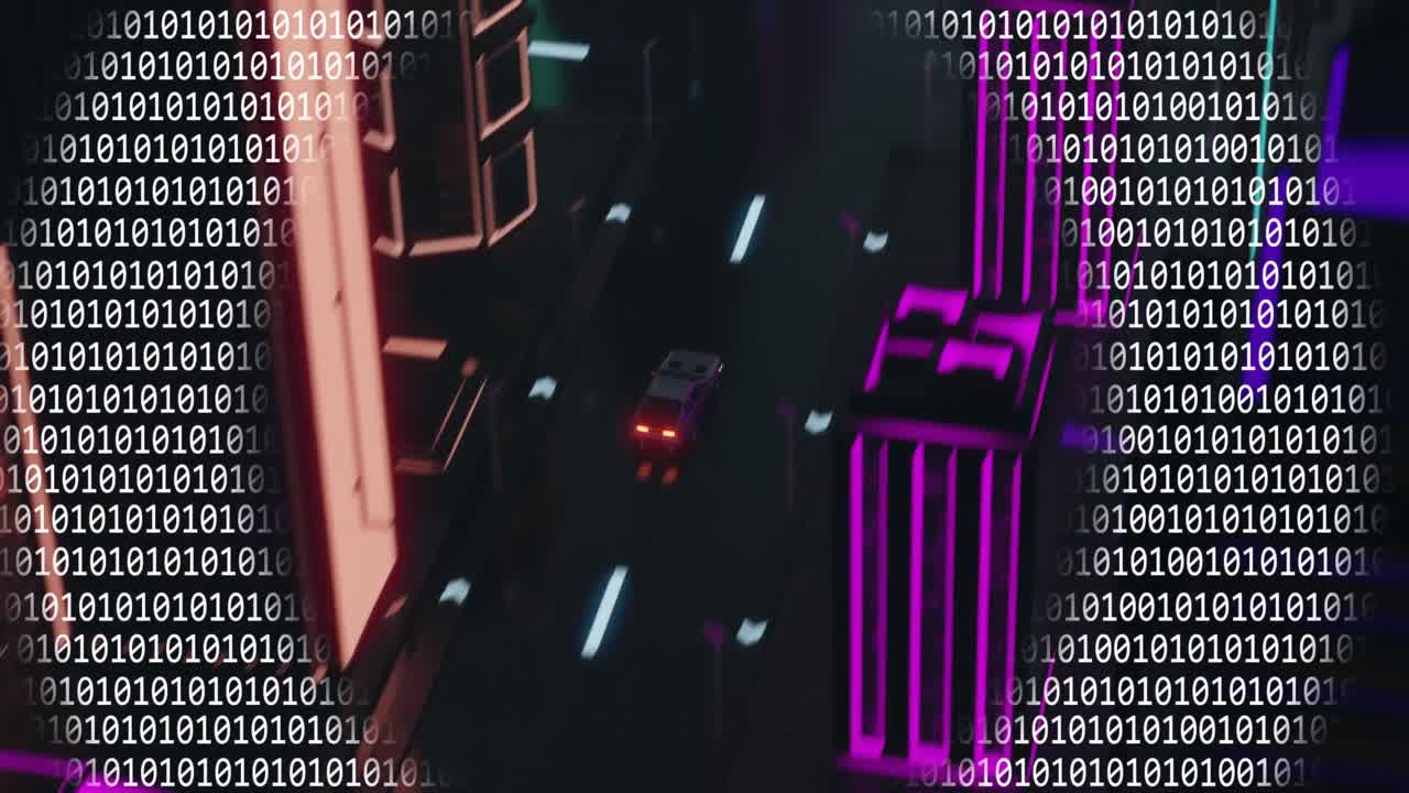 animación de la interfaz digital con codificación binaria sobre la conducción del coche