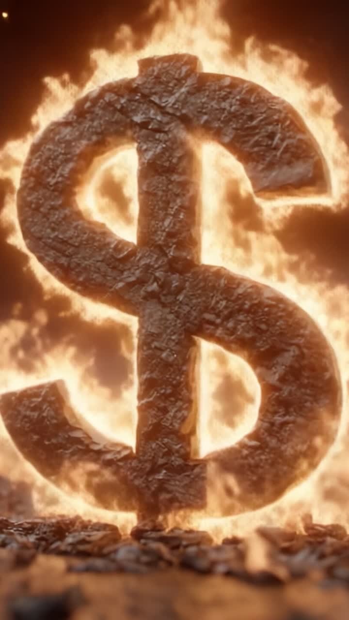 Uma demonstração dramática de riqueza: um símbolo de cifrão flamejante irrompe em chamas, representando a intensa paixão e energia que envolvem o sucesso financeiro e a prosperidade