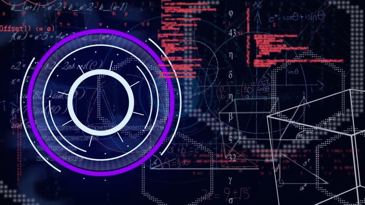 Animation of purple round scanner, data processing and geometric shapes against black background