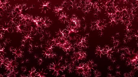 flying many virus cells on red background. medical concept, microscopic illustration. 3d animation of virus molecule rotating. loop animation.