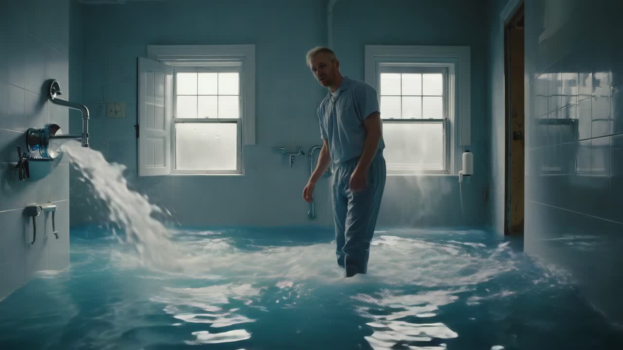 Surreal scene of a man in a flooded bathroom