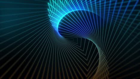 swirling wave warp shape neon glowing lines geometric pattern design 3d animation on dark gradient background dynamic abstract portal illusion blue brown
