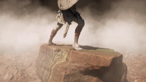 statue of ancient greek warriors in fight position, worn off by time, placed upon a big rock, with fog and smoke at the background, 3d animation camera zoom out slowly