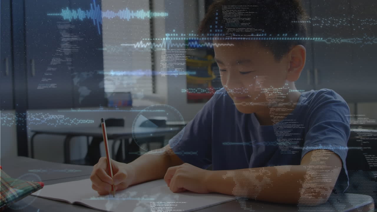 초등학교에서 공부하는 아시아 소년에 대한 데이터 처리와 함께 여러 화면